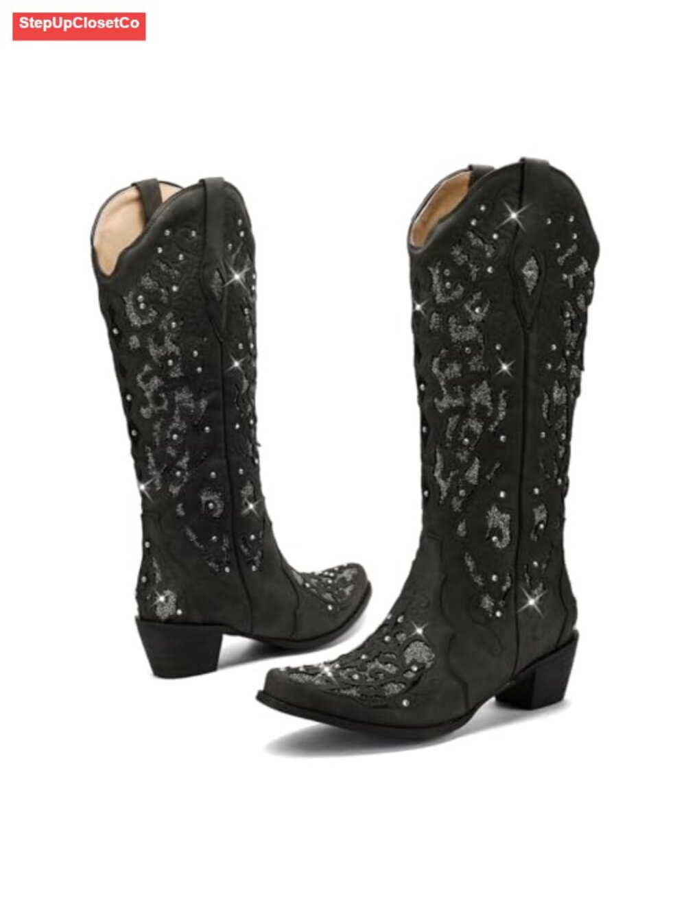 Rhinestone Western Cowboy Boots Mid Calf Chunky Heel Snip Toe